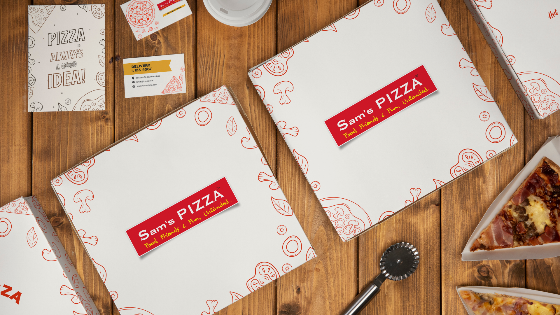 Sam's Pizza boxes with various toppings. ready to boost brand with our digital marketing services